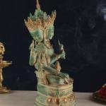 Tibetan Buddhist Deity Ushnishvijaya Brass Statue | 13.5" Height | Green Sandstone Finish | Sacred Buddhist Art | Traditional Collection | Jaipurio